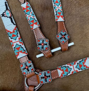 Showman 4pc. Longhorn beaded one headstall and breast collar set with square bling concho accents. Comes with Wither strap and competition reins #4